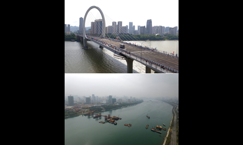 這是一張拼版圖片。上圖為9月28日，汽車從白沙大橋上經過；下圖為2016年3月7日建設之初的白沙大橋。新華社發（黎寒池 攝）