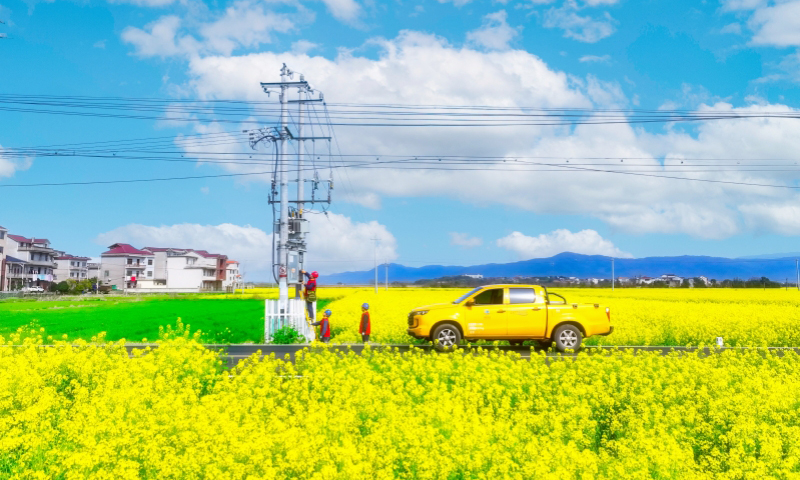 國家電網江西南昌供電公司工作人員巡檢農排變壓器等供電設備。