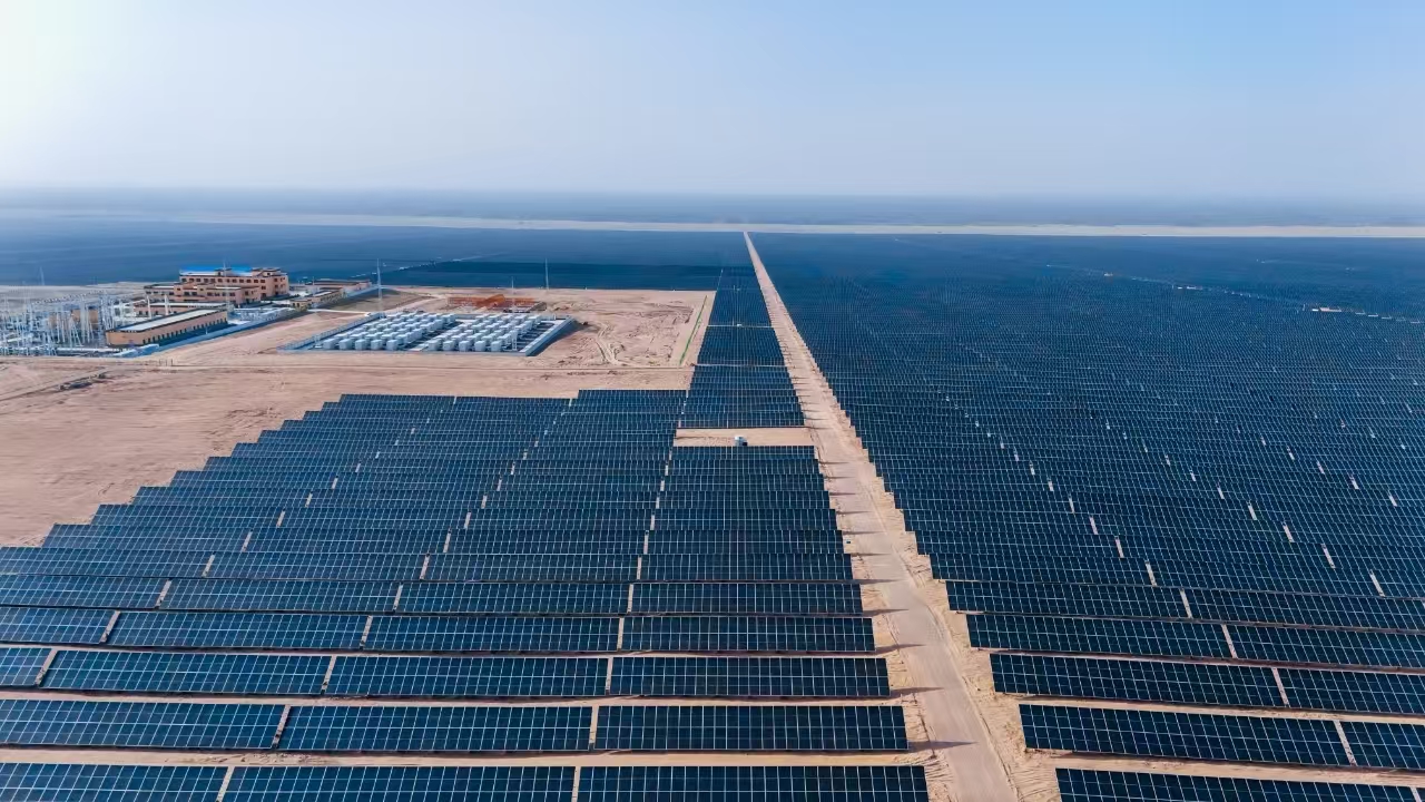 大漠春醒，萬(wàn)物復(fù)蘇。在中廣核和田洛浦50萬(wàn)千瓦光伏治沙項(xiàng)目的沙海中，一幅 