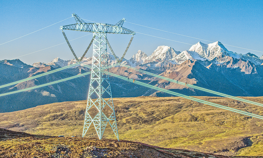 7月1日，國網(wǎng)四川電力送變電建設(shè)有限公司工作人員在海拔4979米的金上—湖北±800千伏特高壓直流工程海拔最高塔位開展復(fù)驗(yàn)工作。該工程是我國“西電東送”大動(dòng)脈之一，也是目前世界上海拔最高的特高壓直流輸電工程。該工程線路全長1901千米，建成后年輸送電量可達(dá)400億千瓦時(shí)。圖為驗(yàn)收人員走線檢查導(dǎo)線。