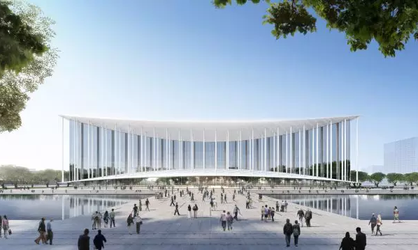 西安絲路國際會(huì)議中心位于西安浐灞生態(tài)區(qū)灞河之濱，總建筑面積20萬平方米，外輪廓呈正方形，是一座集生態(tài)化、國際化、智能化為一體的會(huì)議中心。會(huì)議中心以簡明抽象的手筆，傳承了中國古典建筑特征，創(chuàng)造出現(xiàn)代而經(jīng)典，大氣而精致，莊重而優(yōu)雅的標(biāo)志形象。圖為西安絲路國際會(huì)議中心效果圖。（中建深圳裝飾有限公司 供圖）